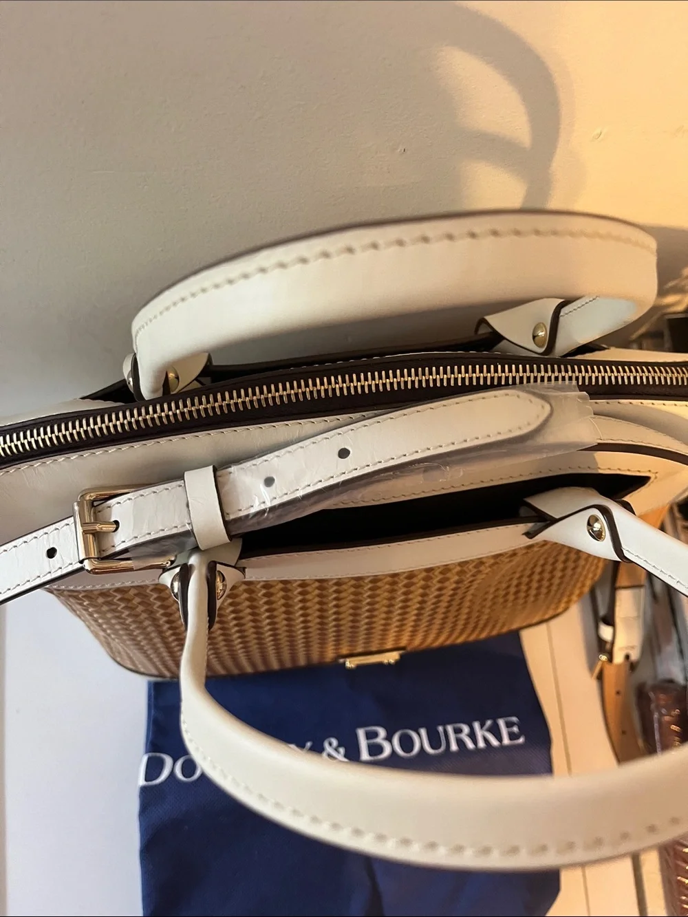 NWOT Dooney & Bourke Cream and Tan Woven Dome Satchel with Crossbody Strap